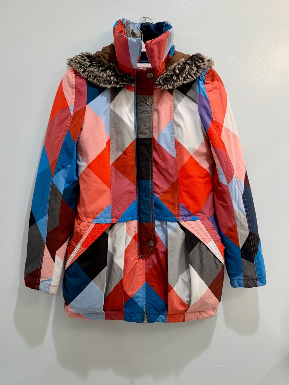 Midii Geometric Multi-Color Hooded Parka Jacket Faux Fur Trim Blue Orange Size M - Picture 2 of 16